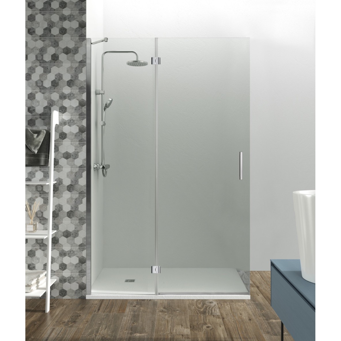 Parois fixe frontale + Porte battante fermeture sur aimant mural GLASS COMBI C