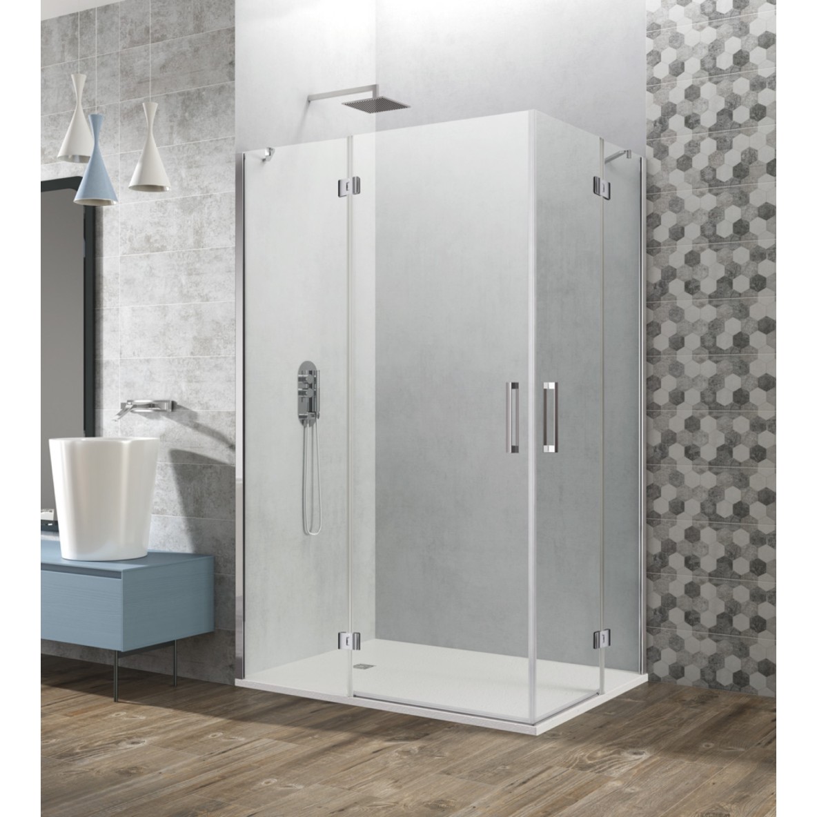 Double Parois fixe + double porte battante en angle transparent GLASS COMBI H