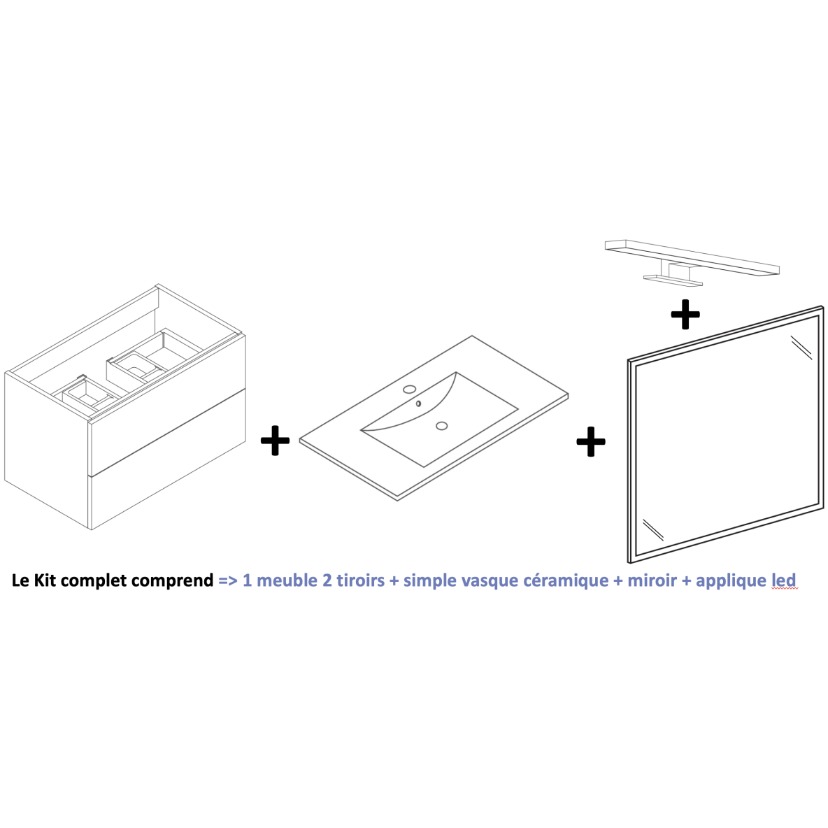 Kit complet classique / Meuble + Vasque céramique + Miroir + Applique